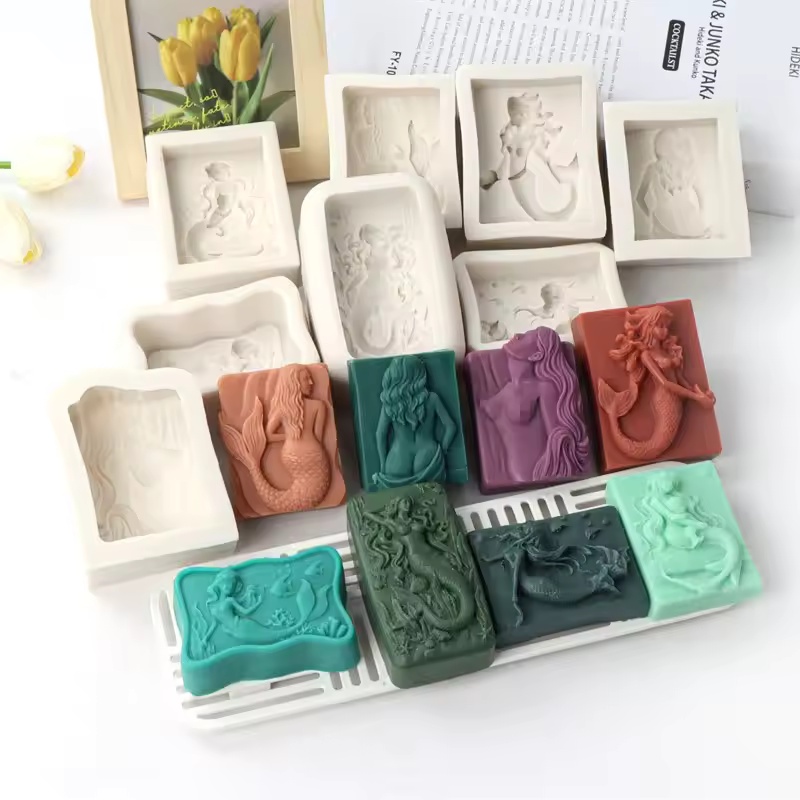 Candle Making Supplies For Beginners - Rechteckige 3D-Meerjungfrauen-Kerzenform im Ozean-Stil, DIY Relief-Meerjungfrauen-Seifenform